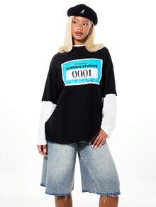 SUMWON WOMEN Oversized Contrast Long Sleeve Graphic T-Shirt With White Layered Sleeve Detail And Front Number Print For Casual Winter Streetwear - Black - View 5