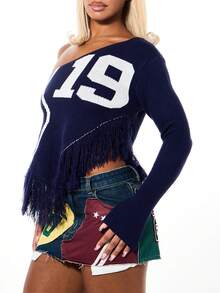 SUMWON WOMEN One Shoulder Navy Fringe Knit Top With Number Nineteen Graphic Asymmetric Varsity Sports Jersey Style Sweater - Blue - View 4