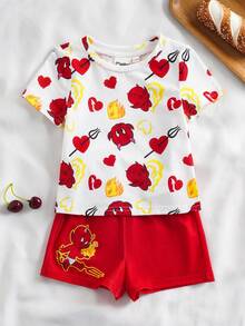 SHEIN HOT STUFF Baby Boy Cute Cartoon Print Round Neck Short Sleeve T-Shirt And Shorts Pajama Set, Summer - Red and White - View 1