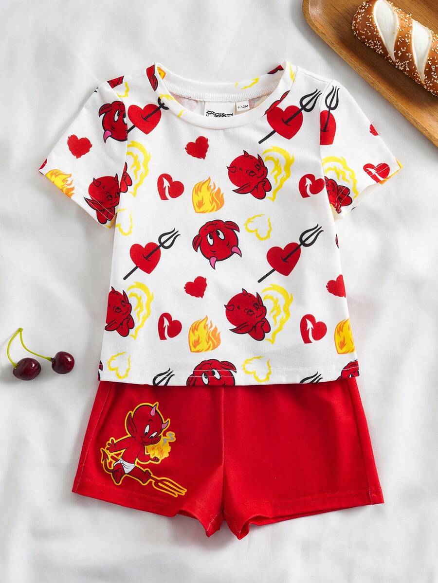 SHEIN HOT STUFF Baby Boy Cute Cartoon Print Round Neck Short Sleeve T-Shirt And Shorts Pajama Set, Summer - Red and White - View 1