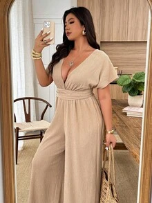 Weeklong Bộ jumpsuit nữ cỡ lớn cổ chữ V xếp ly, chất liệu vải mềm mại, đa năng, có phần eo thắt gọn, thích hợp cho mùa xuân/hè. - Màu Khaki - Xem 4