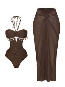 Swim Oasis Summer Fashionable High-End Elegant Special Fabric Design One-Piece Swimsuit With Beach Cover-Up - Coffee Brown - View 5
