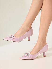 CUCCOO CHICEST 女士纯色尖头水钻装饰优雅高跟鞋 - 粉色沙丁料 - 查看 2