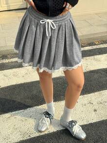 Seusyu Women's Casual Sporty Patchwork Ruffled Hem Pleated Mini Skirt With Drawstring Waist - Grey - View 5