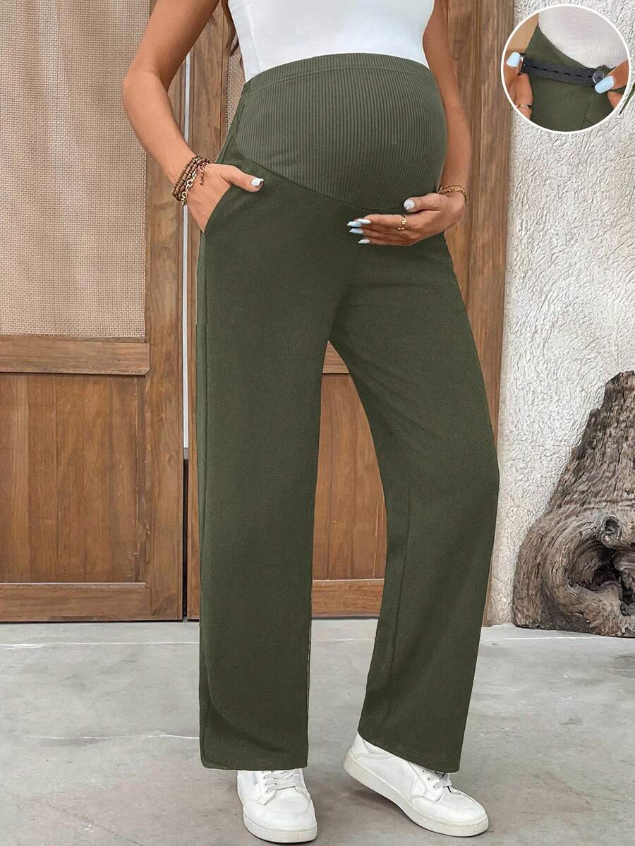 SHEIN Pantalones casuales rectos con bolsillo y cintura ajustable de unicolor para maternidad - Verde militar - Ver 1