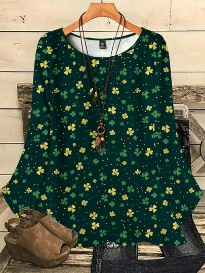 EMERY ROSE Plus Size Women Casual All-Over Print Round Neck Loose 3/4 Sleeve Shirt, Autumn/Winter