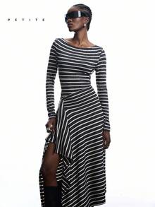 LYSMO Petite 2026 New Arrive Minimalism Spring/Summer Women's Balck And White Stripe Fashion Asymmetrical Hem Long Dress Spring Outfit Women Business Casual Office Outfits Going Out Dress - Grey - View 4