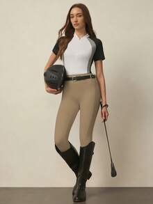 With My Calm 女士秋冬运动马术裤，黑色修身七分裤，带腰带，双层口袋，适合日常休闲、跑步、瑜伽、健身、网球、高尔夫、骑马等场合。 - 卡其色 - 查看 5