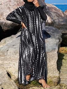 Swim Mulvari Đầm midi dáng rộng tay lửng bằng vải lưới kẻ sọc dành cho nữ mùa hè, thích hợp mặc đi biển, kiểu kaftan, thích hợp cho kỳ nghỉ. - màu đen - Xem 5