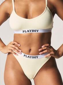 Missguided x Playboy Triangle Bralette With Thong Panty Set Ribbed Contrast Band Intimate Lingerie Set Two Piece - Yellow - View 2