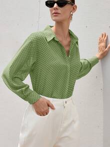 Aveloria Modichic Minimalist All-Match Versatile Black & White Chiffon Polka Dot Sheer Collar Long Sleeve Blouse, Suitable For Spring & Summer - Green - View 4