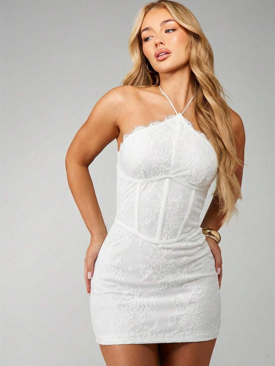 MISSGUIDED Lace Halter Mini Dress With Scalloped Edges And Corset Style Bodice For Special Events And Night Out - White - View 1