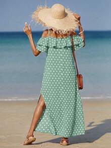 Breezaya 女士休闲度假波点印花露肩开衩荷叶边连衣裙，夏季 - 青碧色 - 查看 2