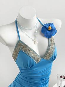 Elamini Sequin V-Neck Knit Waist Flare A-Line Backless Mini Dress For Women, Spring/Summer - Blue - View 1