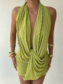 Aloruh Vestido sexy con espalda descubierta y drapeado trenzado, adecuado para vacaciones de primavera/verano - Verde - Ver 3