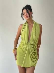 Aloruh Vestido sexy con espalda descubierta y drapeado trenzado, adecuado para vacaciones de primavera/verano - Verde - Ver 5