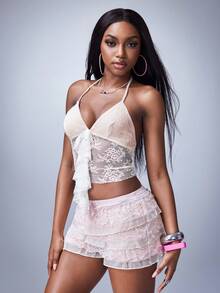 Y2Kool 休闲性感都市时尚极简主义Y2K亚文化风女式蕾丝荷叶边吊带背心，适合音乐节、日常穿着、度假、约会、海滩、派对、新年、春夏等场合。 - 白色 - 查看 4