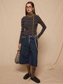 COUREZ Stripe High Neck Zip Front Knit Cardigan Top /Y2K Spring Clothes For Women Street Streetwear Cute Going Out Outfits Causal Knit Party Rave Knit Cardigan Summer Trousers Summer Outfits Funnel Neck Knit - Blue - View 1