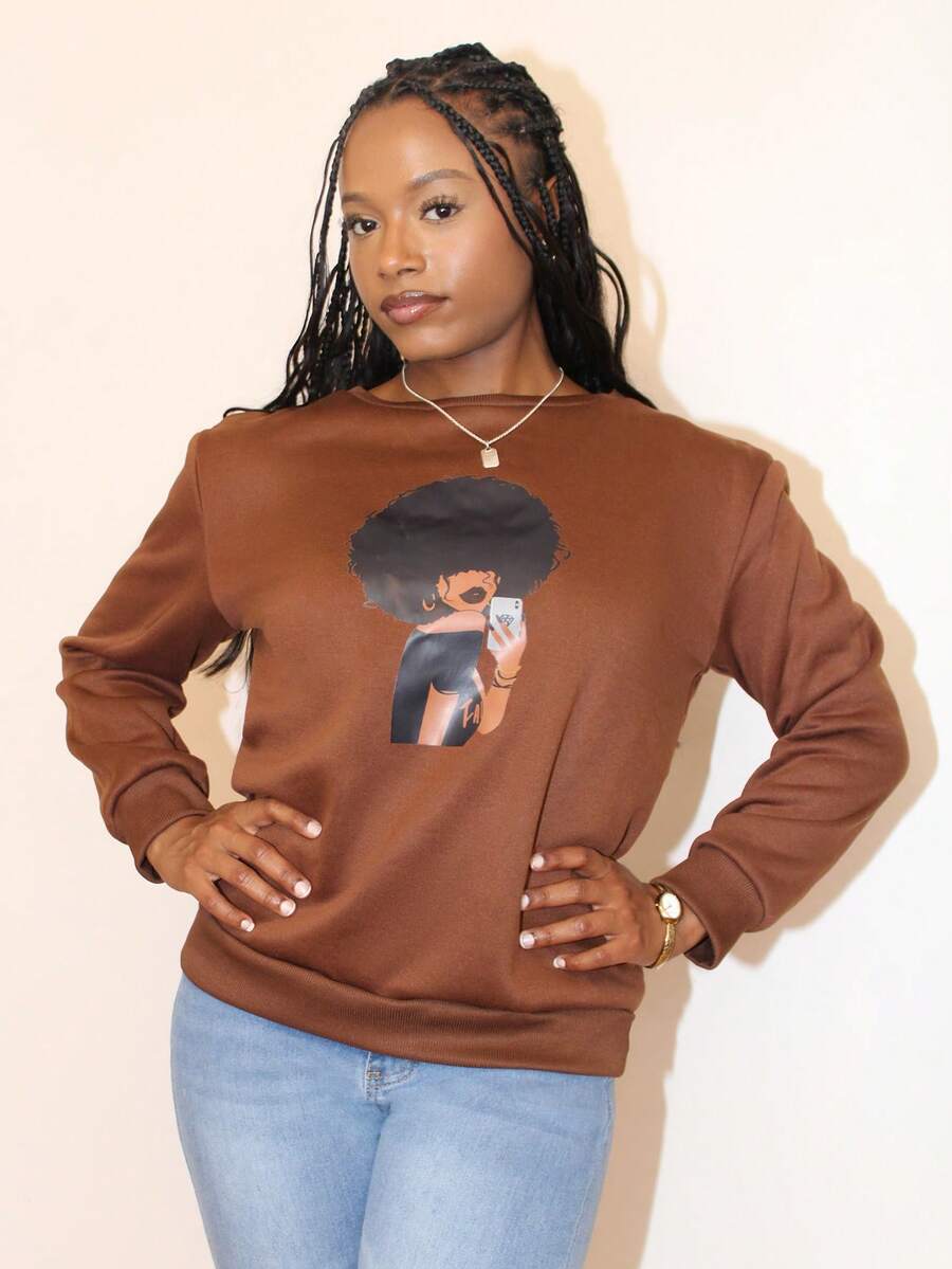 Steph T Character Print Casual Sweatshirt With Round Neck,Long Sleeve Tops Graduation,Back To School Outfits,Graduation,Teacher Outfits For Women,Back To School Pullover Fall Outfit - Coffee Brown - View 1