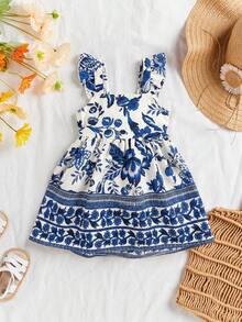 SHEIN Baby Girls Casual Vacation Floral Print Frill Trim Bowknot Backless Fit And Flare Dress - Blue - View 3