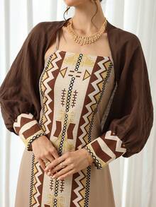 Al Najma Women's Geometric Print Camisole Dress And Shawl Cardigan Set, Vacation Style, Spring/Autumn - Brown - View 6