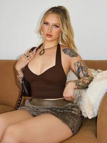 Arliah 女士纯色简约挂脖吊带背心，日常穿着 - 咖啡棕 - 查看 1