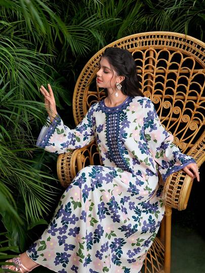 Al Najma 女士优雅阿拉伯风格数码印花长袖梭织连衣裙，春夏款