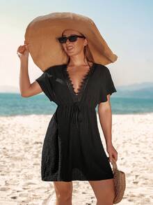 Swim Lushoire Women's Summer Beach V-Neck Bohemian Lace Trim Batwing Sleeve Solid Textured Elastic Waist Tie Elegant Casual Vacation Coverup Dress - Black - View 5