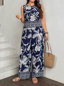 SHEIN LUNE Conjunto informal de top y pantalones de talla grande - Azul Marino - Ver 7