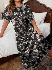 Váy ngủ thường ngày cổ tròn tay ngắn in hoa cỡ lớn, váy ngủ Moo Moo - màu đen - Xem 3