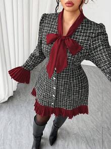 SHEIN PETITE CURVE 大码女式加厚背带连体裤，格纹粗花呢面料，拼接设计，显瘦效果，适合返校、毕业典礼、情人节、音乐节、母亲节、万圣节、感恩节、复活节、国庆节、晚会、约会派对、婚礼季、户外活动等场合。 - 酒紅色 - 查看 4