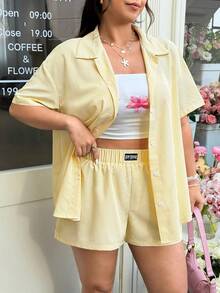 GalTyme 大码女式条纹短袖拼接衬衫和字母印花短裤休闲两件套 - 黃色 - 查看 6