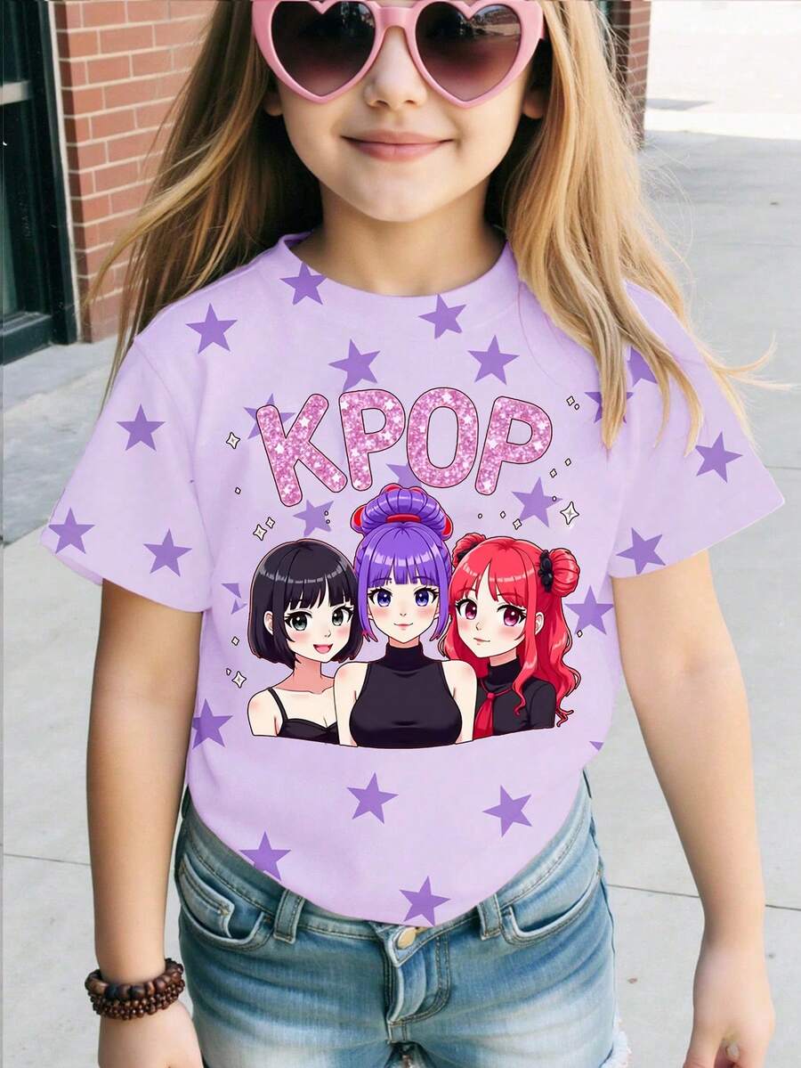 Maglietta casual corta da ragazza, stile primavera ed estate, grafica con slogan e stella, design semplice e fresco, adatta per uso quotidiano, comoda per primavera, estate e autunno - Multicolore - Visualizzare 1