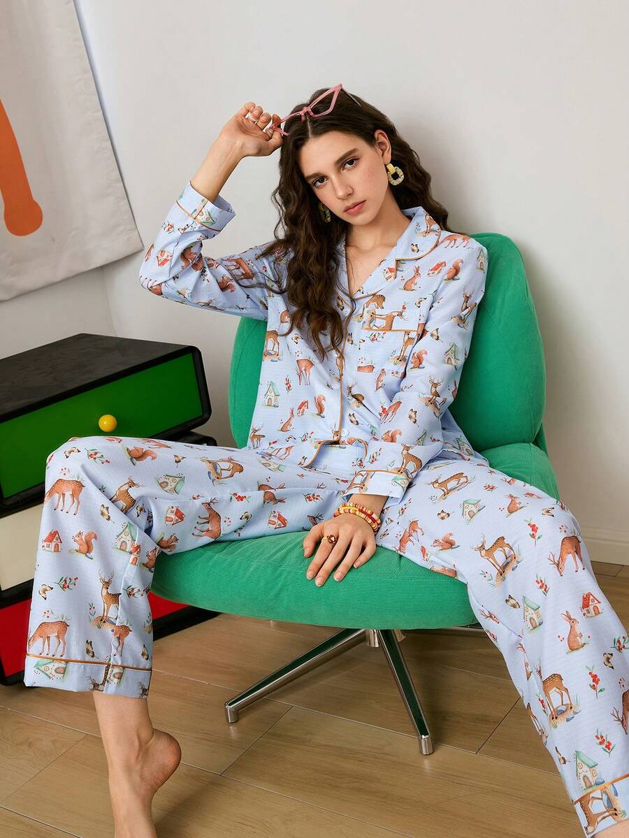 Deer & Rabbit Print Casual Vacation Long Sleeve Lapel Women Pajama Set - Multicolor - View 1