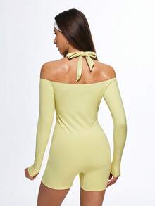 Eassivo Eassivo Women's Pale Yellow One‑Piece Playsuit With Halter Tie,Halter Neck Tie, Off‑Shoulder Design, Quick‑Dry Stretch Fabric,One Piece Jumpsuit Shorts,Tennis Romper,Fitness Romper,One Piece Athletic Romper - Yellow - View 2