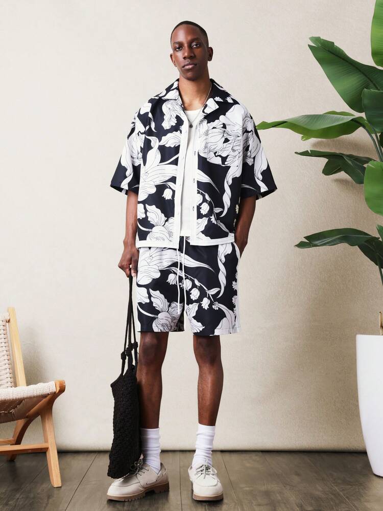 Black Floral Short Sleeve Shirt And Shorts Set