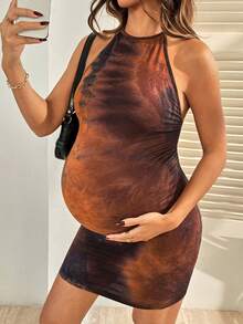 SHEIN 孕妇吊带系带褶皱优雅派对连衣裙 - 棕色 - 查看 6