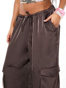 SUMWON WOMEN Women's Satin Cargo Barrel Pants With Side Pockets Elastic Waist Drawstring Loose Wide Leg Trouser Fall Winter Casual - Grey - View 4