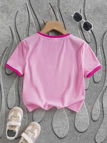 SHEIN HOT STUFF Tween Girl Casual Everyday Commute Cartoon Letter Print Ringer Crop Tee, Summer - Hot Pink - View 3
