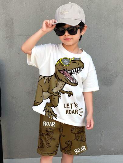 SHEIN Young Boy Casual T-Shirt Set, Classic Jurassic Cartoon Dinosaur Graphic Print, Suitable For Spring/Summer