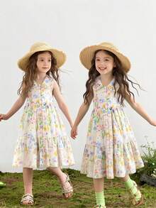 SHEIN Elladie kids 女童碎花印花翻领无袖A字连衣裙，优雅甜美风格，适合日常穿着和度假。 - 彩色 - 查看 4