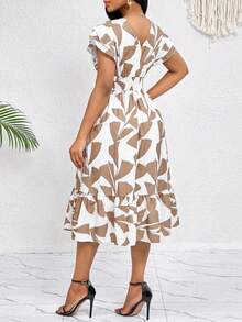 SHEIN Lady 女士休闲褶皱印花腰带中长连衣裙 - 彩色 - 查看 2