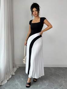SHEIN Elenzya Elegant Romantic Vacation & Office Wear Square Collar Black & White Contrast Pleated Dress - Black and White - View 4