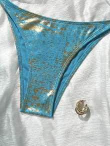 SHEIN Swim 女士吊带露背时尚夏季比基尼套装 - 藍色 - 查看 6