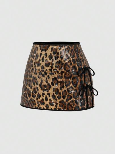 Sweetra Women's Solid Color Sequin A-Line Mini Skirt, Elegant, Party, Date, Cute, Side Bow Decor, Suitable For All Seasons, Summer, Black Short Skirt