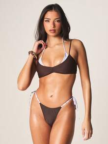 MISSGUIDED Contrast Strap Bikini Bottom With Side Tie Strings And High Cut Thong Style For Beach Swimming - Coffee Brown - View 5