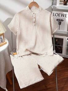 2pcs/Set Boys' Casual Striped Half-Placket Shirt Outfit, Suitable For Daily, Vacation, School And Various Occasions - Khaki - View 1