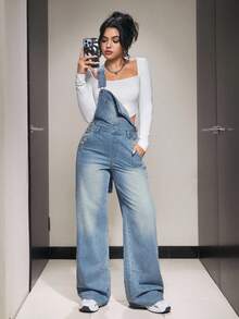 SHEIN PETITE Light Blue Casual Loose Fit Denim Bib Pants With Pockets - Light Wash - View 5