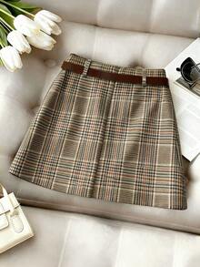 Franclia Women's Plaid Print Pleated Waist Skirt, Slimming And Elegant Style, Brown Plaid Mini Skirt.Winter Clothes For Women,Summer,Spring,Valentine's Day,Valentines Day Outfit,Carnival,Beach,Party,Birthday,Gym,Going Out,Elegant,Vacation,Casual,Y2k,Graduation Season Attire, Fashionable Casual Commuter Wear, Business Office Wear, Versatile And Stylish Everyday Casual Wear, Urban Teacher's Professional Attire - Brown - View 2