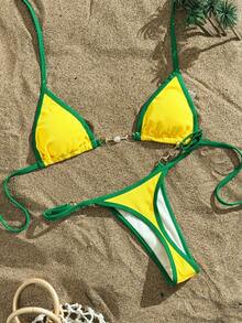Swim Vcay Swimsuits For Woman Summer Beach Rib Binding Trim Halter Micro Triangle Bikini Yellow Bikini Set Brazilian Bikini Set Lemon Bikini Yellow Bathing Suits String Bikini Set - Yellow - View 2